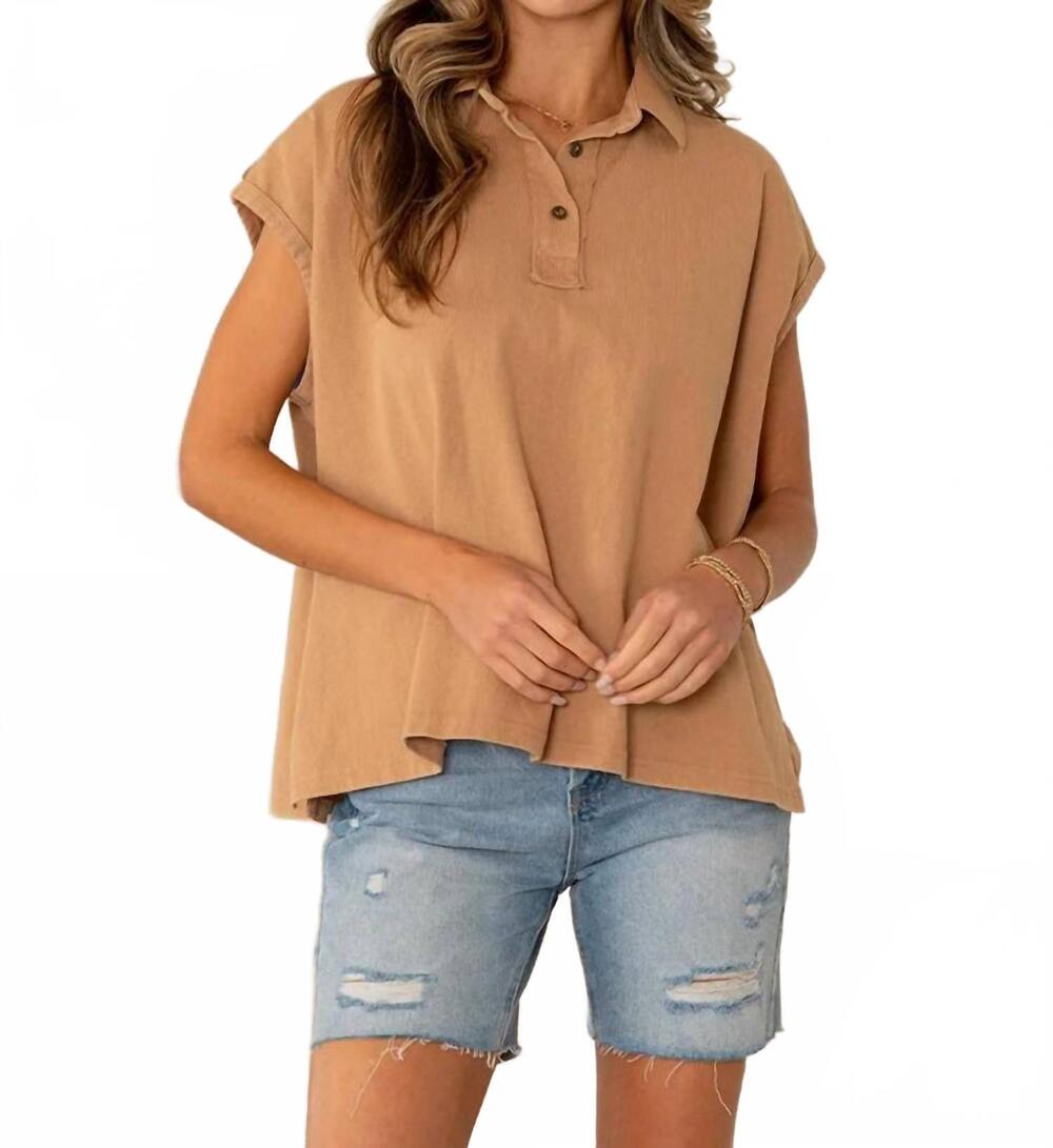 NEW SEW IN LOVE oversized cap sleeve polo top in hazelnut